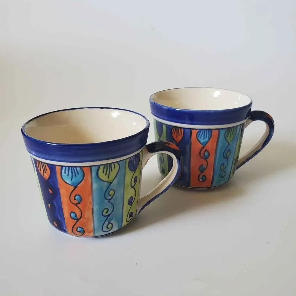 Pier 1 Hand Painted Large Stoneware Mugs Pair 16oz Multicolor Made‎ in India